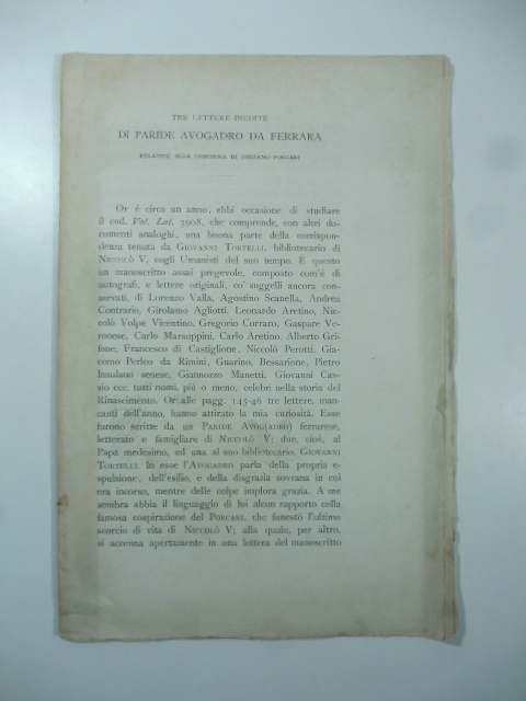 Tre lettere inedite di Paride Avogadro da Ferrara relative alla congiura di Stefano Porcari